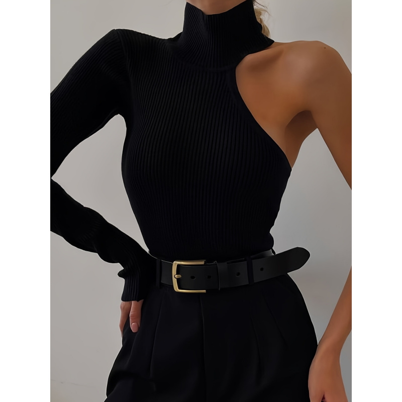 Winter Clothing Women'S - Düz Asimetrik Tek Omuzlu Nervürlü Örgü